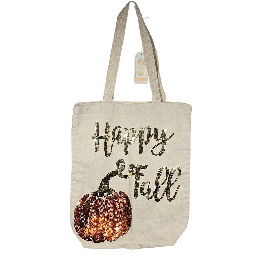 Mudpie NWT Happy Fall Pumpkin Sequined 13" x 16" Tote Bag